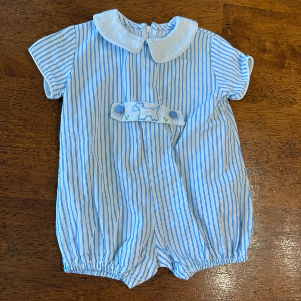 Vintage Funtasia, too! Blue and White Striped Baby Romper dog no size tag 12 mo
